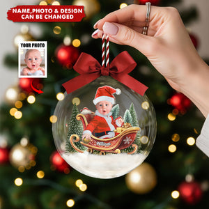 Custom Photo Baby And Kid In Sleigh - Personalized Christmas Acrylic Ornament