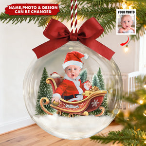 Custom Photo Baby And Kid In Sleigh - Personalized Christmas Acrylic Ornament