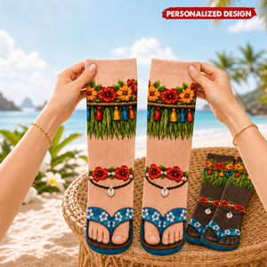 Hawaiian Grass Skirt Flip Flop Socks - Tropical Hibiscus Funny Beach Novelty Crew Socks