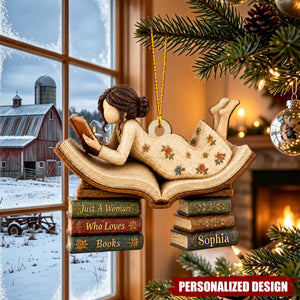 Vintage Style Woman Reading Book Stack - Personalized Name Wooden Ornament
