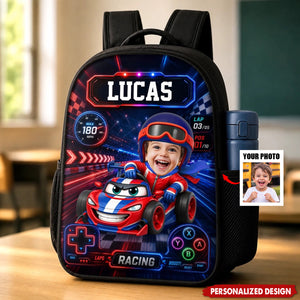 Personalized Kids Racing Backpack -Custom Name and Photo Cartoon Race Car Driver