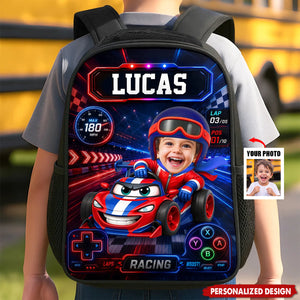 Personalized Kids Racing Backpack -Custom Name and Photo Cartoon Race Car Driver