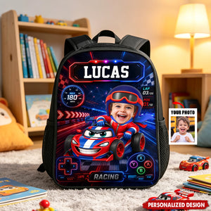 Personalized Kids Racing Backpack -Custom Name and Photo Cartoon Race Car Driver