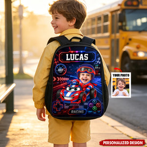 Personalized Kids Racing Backpack -Custom Name and Photo Cartoon Race Car Driver
