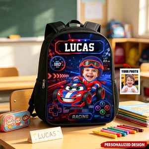 Personalized Kids Racing Backpack -Custom Name and Photo Cartoon Race Car Driver