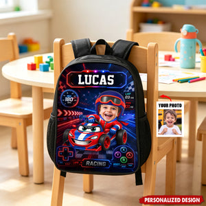 Personalized Kids Racing Backpack -Custom Name and Photo Cartoon Race Car Driver
