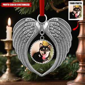 Custom Photo Forever Loved, Never Forgotten - Personalized Pet Memorial Metal Angel Wings Ornament