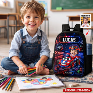 Personalized Kids Racing Backpack -Custom Name and Photo Cartoon Race Car Driver