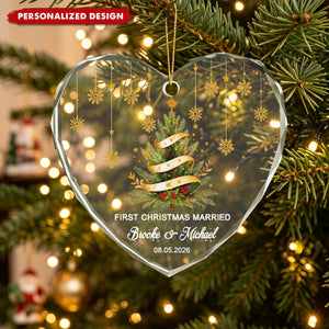 Personalized First Christmas Married Heart Glass Ornament