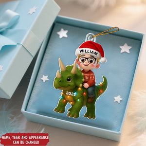 Cartoon Little Girl Boy With Dinosaur - Personalized Christmas Acrylic Ornament