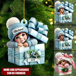 Kid Boy Girl Inside Gift Box - Personalized Acrylic Flat Ornament