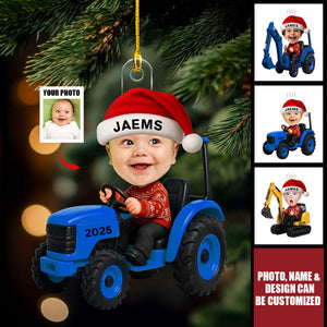 Custom Photo Little Boy Kid With Car Excavator Backhoe Tractor Christmas Personalized Acrylic Ornament