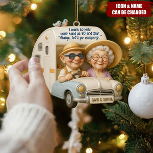 Hold Your Hand At 80, Baby Let’s Go Camping, Custom Wood Ornament, Gift For Elderly Couples