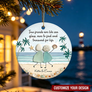 Custom Sea Glass Coastal Friendship Gift for Besties - Personalized Ceramic Christmas Ornament