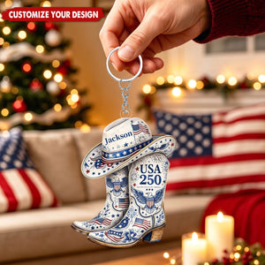 Custom Patriotic Cowboy Boot Keychain, USA 250 4th of July Gift - Personalized Acrylic Keychain