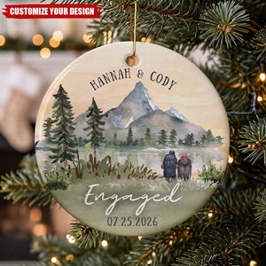 Personalized Mountain Engagement Ceramic Ornament, Custom Names Date Engaged Couple Keepsake