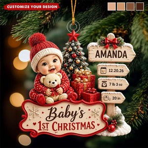 Personalized Baby’s First Christmas Acrylic Ornament, Custom Birth Stats Keepsake, Newborn Name Date Weight Gift