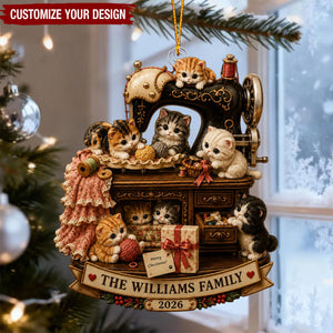 Personalized Sewing Machine Cat Acrylic Ornament, Custom Cat Family Christmas Gift For Cat Mom