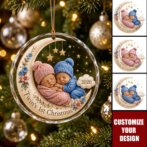 Personalized Twin Babies First Christmas Glass Ornament, Twins 1st Christmas Holiday Keepsake