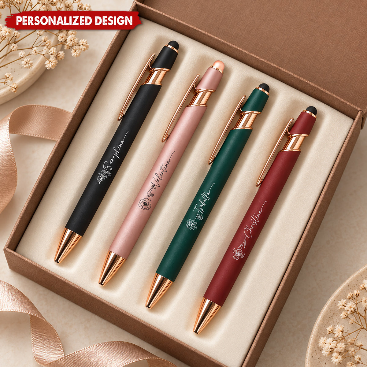 Personalized Engraved Metal Pen - Personalized Floral Ballpoint Pen With Stylus Tip