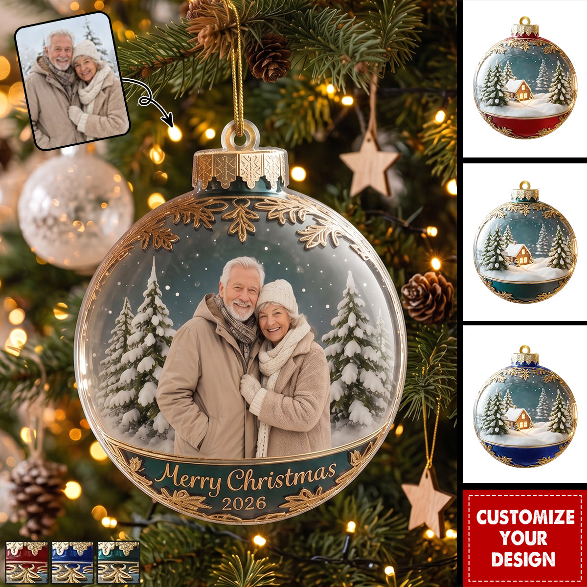 Personalized Photo Christmas Ornament - Custom Picture Acrylic Ball Ornament Winter Snow Scene Keepsake