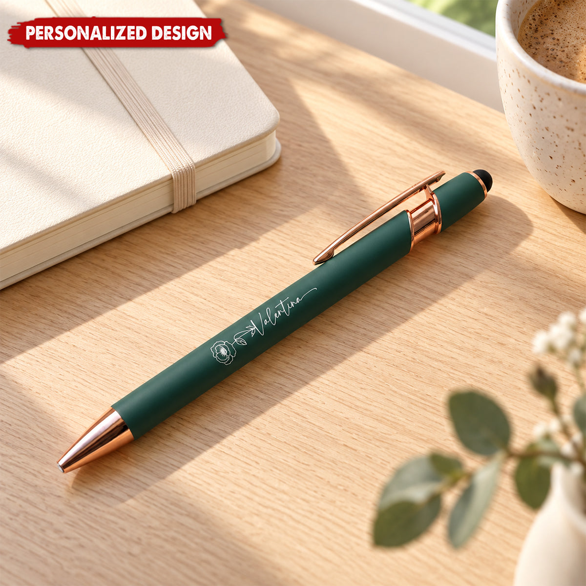 Personalized Engraved Metal Pen - Personalized Floral Ballpoint Pen With Stylus Tip