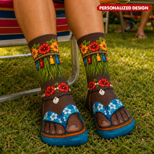 Hawaiian Grass Skirt Flip Flop Socks - Tropical Hibiscus Funny Beach Novelty Crew Socks