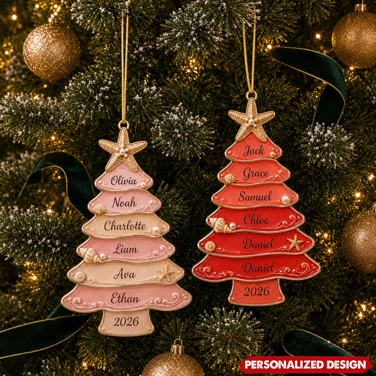 Personalized Coastal Christmas Tree Acrylic Ornament - Beach Seashell Starfish Holiday Keepsake