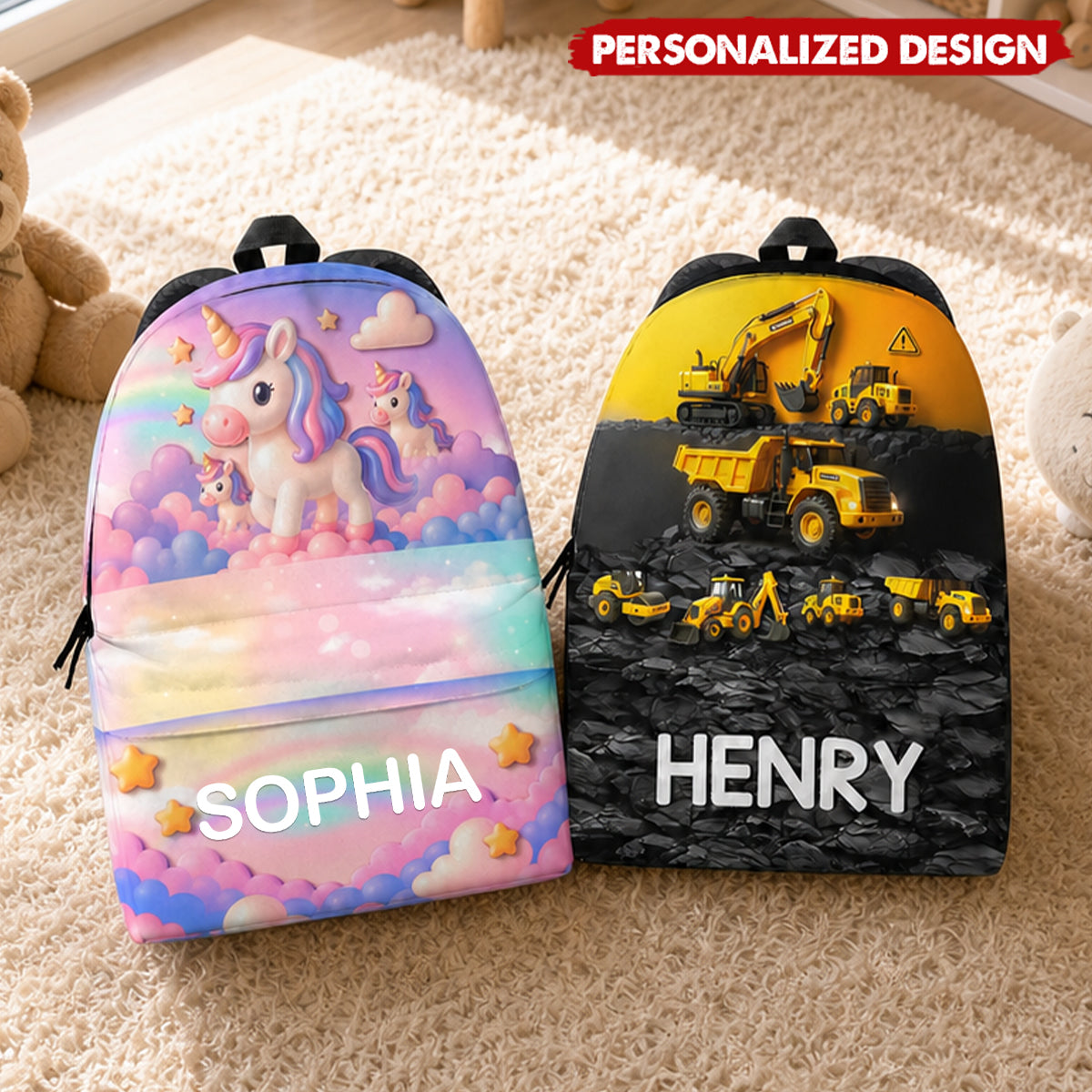 Personalized Kids Backpack - Custom Name Unicorn or Construction Truck School Backpack