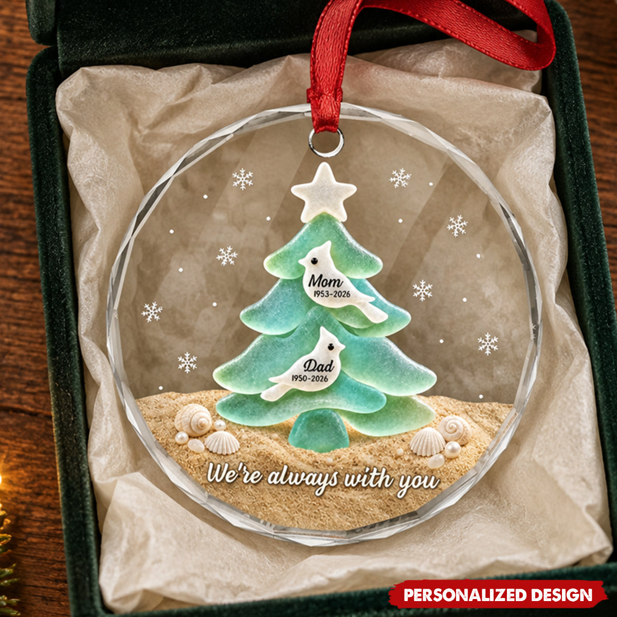 Personalized Memorial Sea Glass Tree Crystal Ornament - Custom Name & Date Remembrance