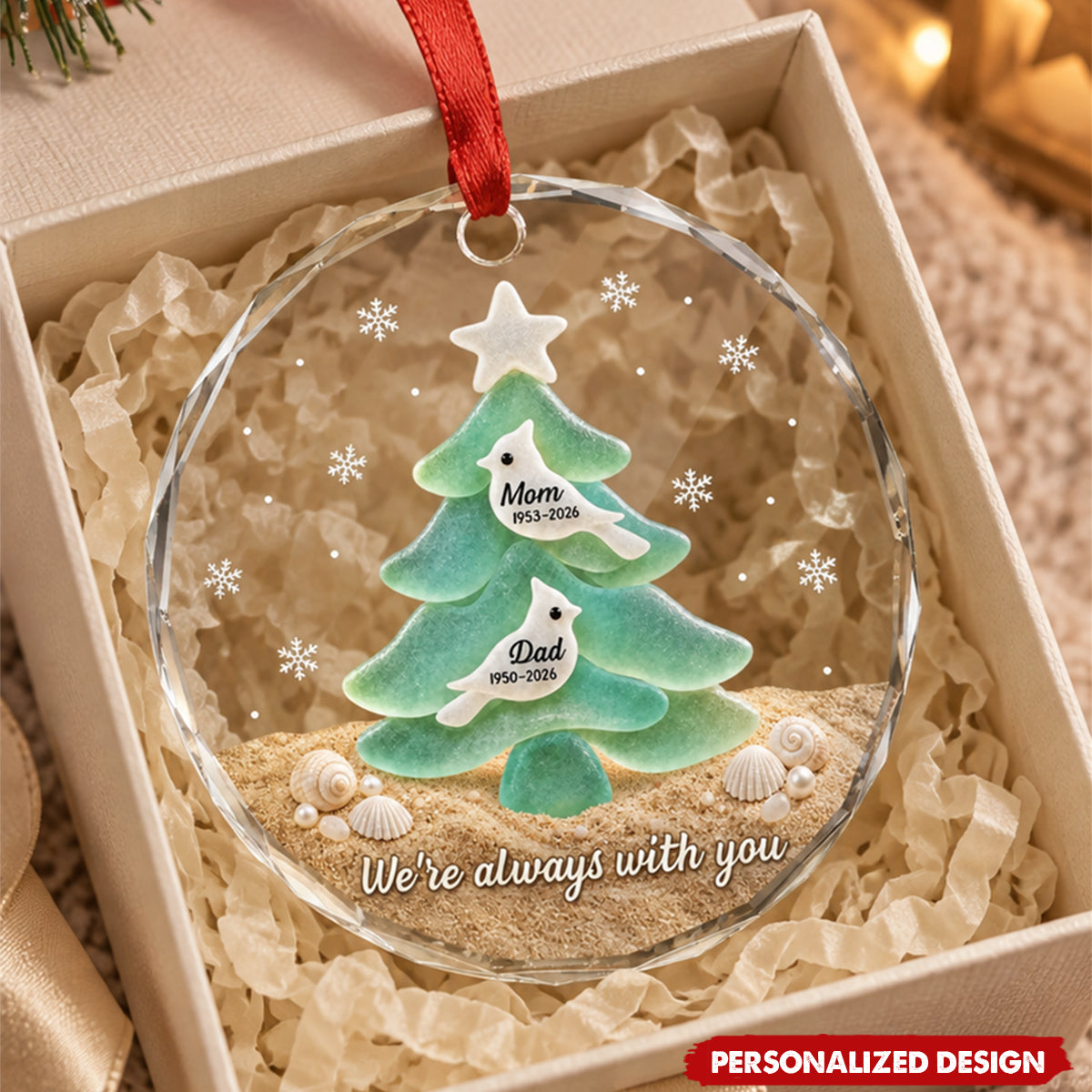 Personalized Memorial Sea Glass Tree Crystal Ornament - Custom Name & Date Remembrance