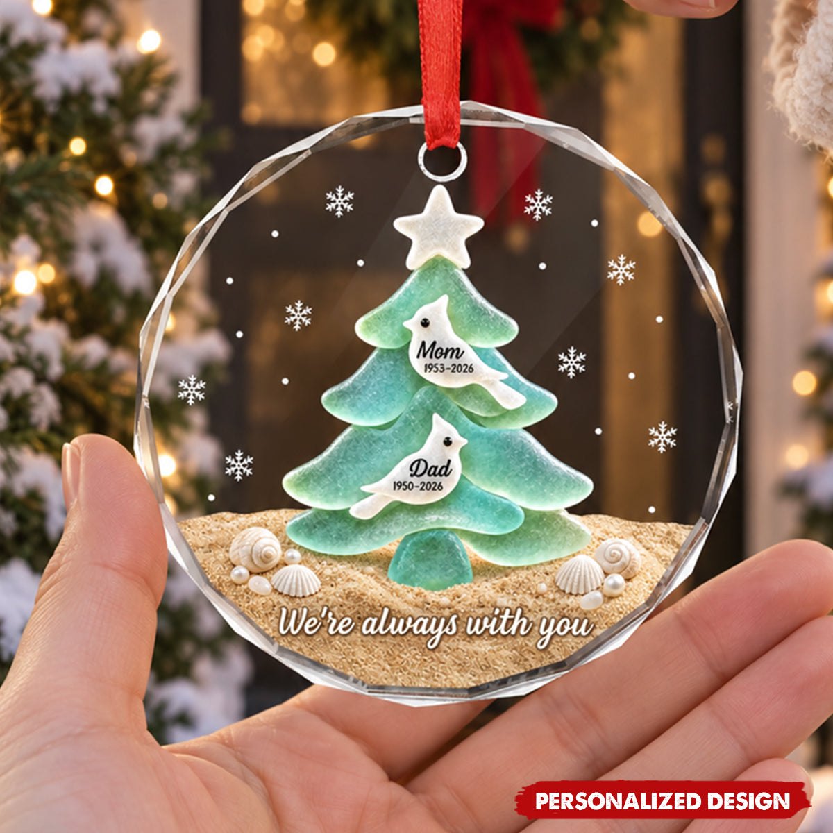 Personalized Memorial Sea Glass Tree Crystal Ornament - Custom Name & Date Remembrance