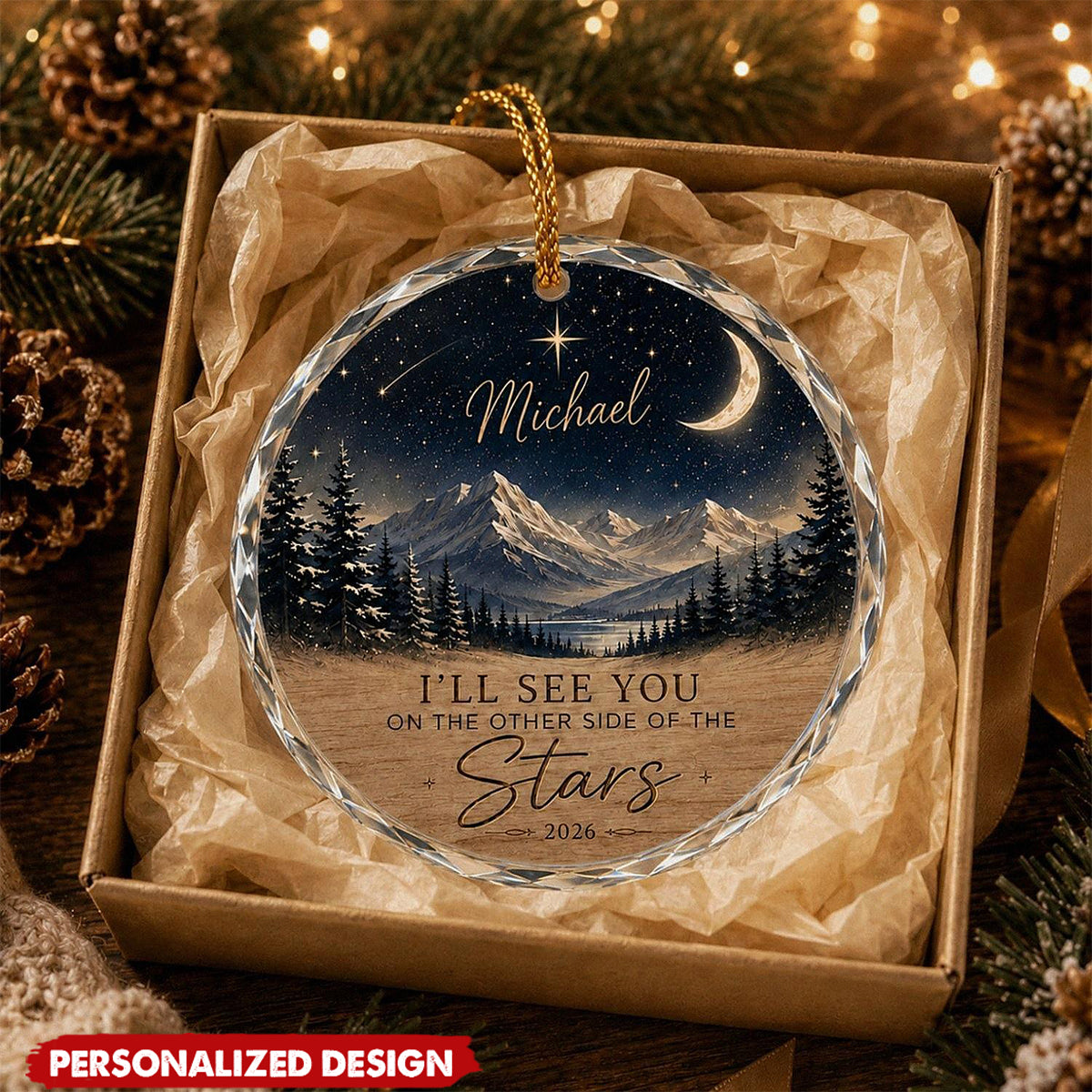 Personalized Memorial Starry Mountain Glass Ornament - Custom Name Remembrance Christmas Keepsake