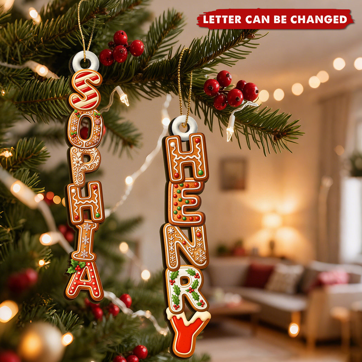 Gingerbread Letter With Name For Family Kids -  Personalized Family Wooden Ornament