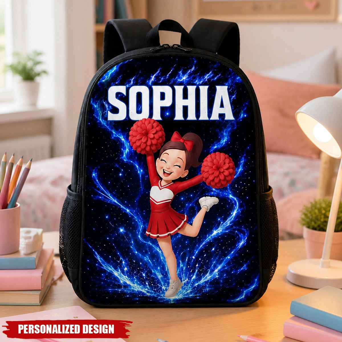 Personalized Cheerleader Girl Galaxy Lightning Backpack - Custom Name Cheerleading School Bookbag