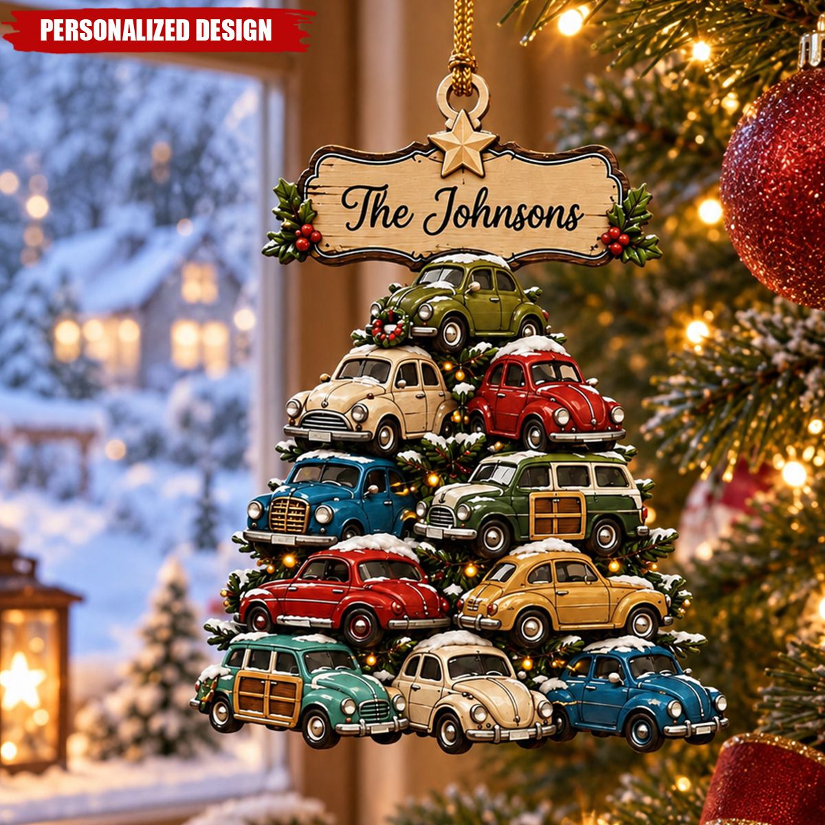 Personalized Family Name Vintage Car Tree Acrylic Ornament - Retro Cars Christmas Tree Hanging Decor