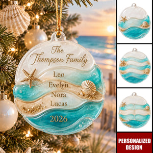 Personalized Beach Wave Family Names Acrylic Ornament - Custom Year Coastal Christmas Keepsake