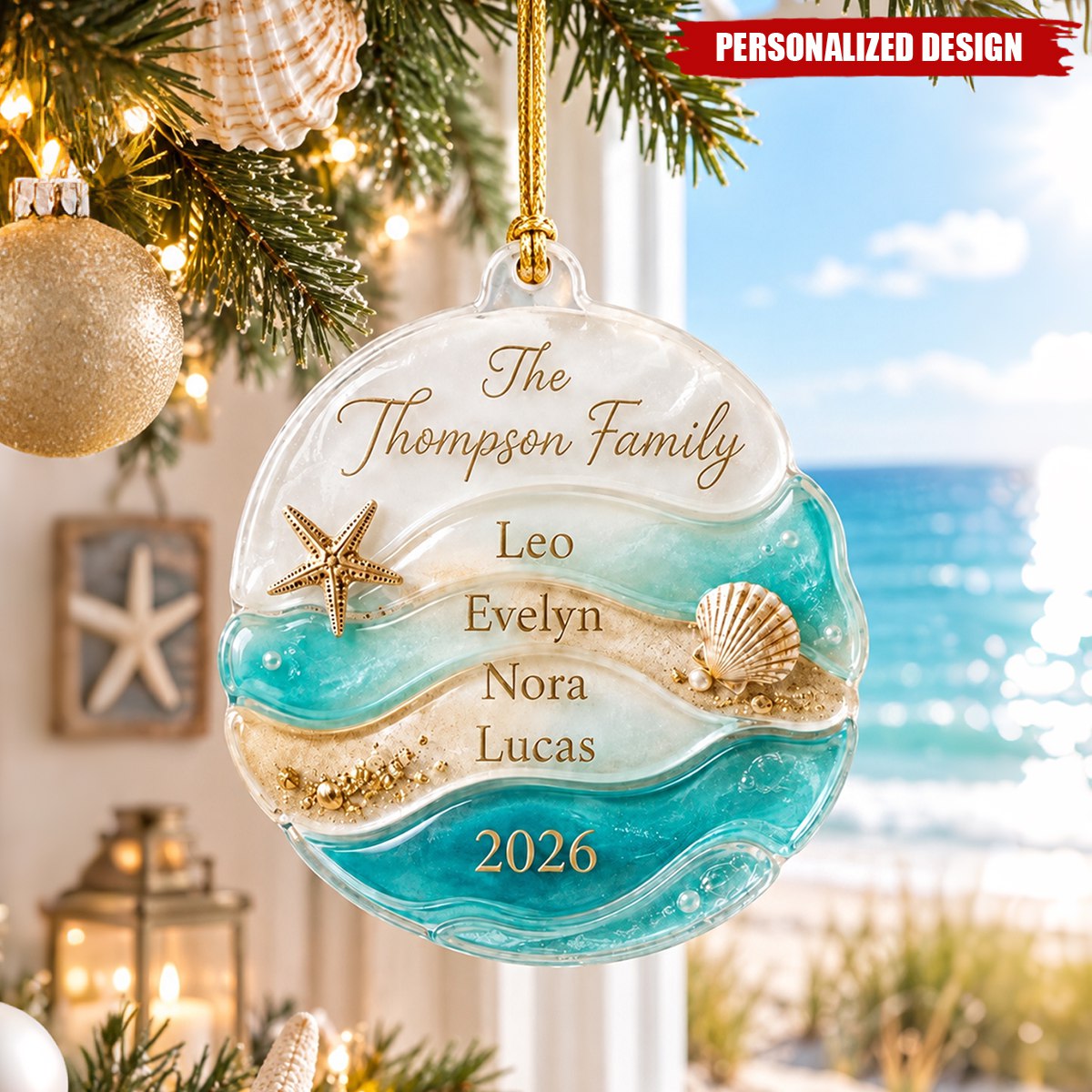 Personalized Beach Wave Family Names Acrylic Ornament - Custom Year Coastal Christmas Keepsake