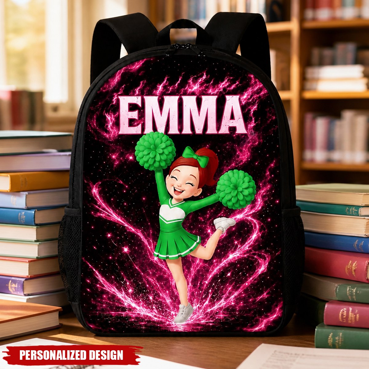 Personalized Cheerleader Girl Galaxy Lightning Backpack - Custom Name Cheerleading School Bookbag