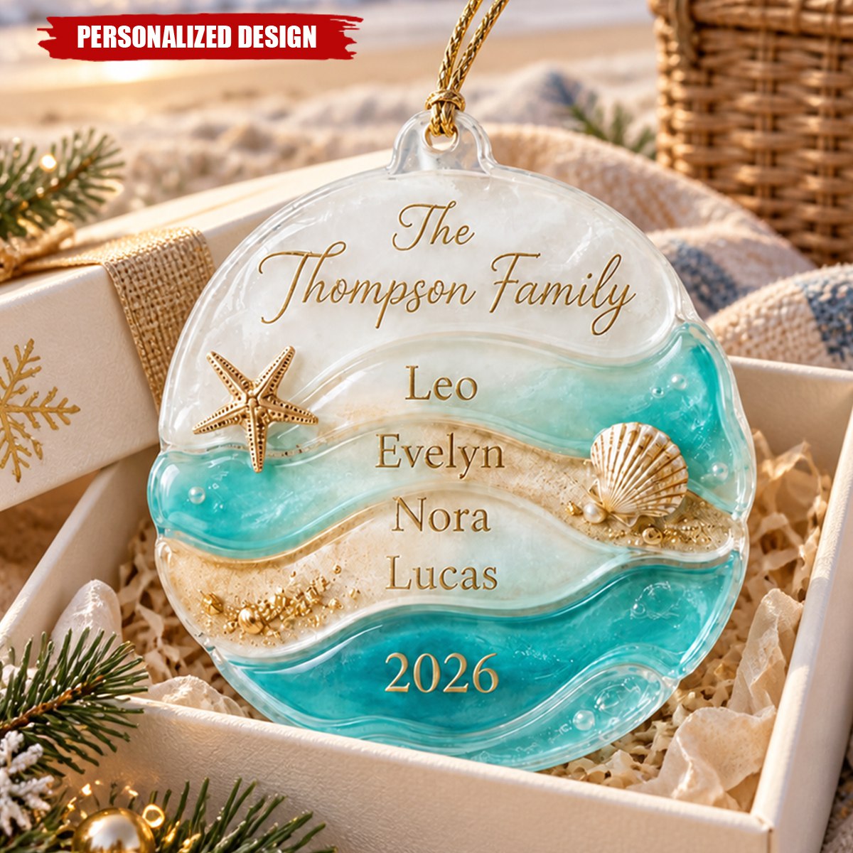 Personalized Beach Wave Family Names Acrylic Ornament - Custom Year Coastal Christmas Keepsake