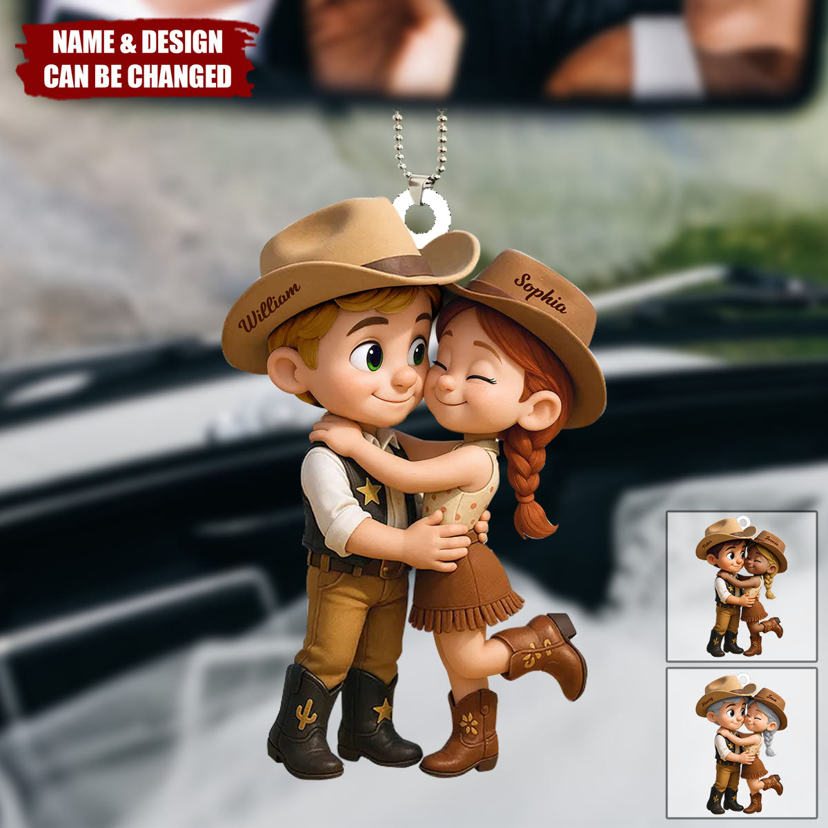 Cartoon Style Countryside Couple Cowboy Cowgirl Car Accessories Personalized Hanger Ornament