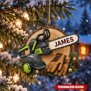 Personalized Chainsaw Logger Christmas Tree Ornament - Woodworker Christmas Decor