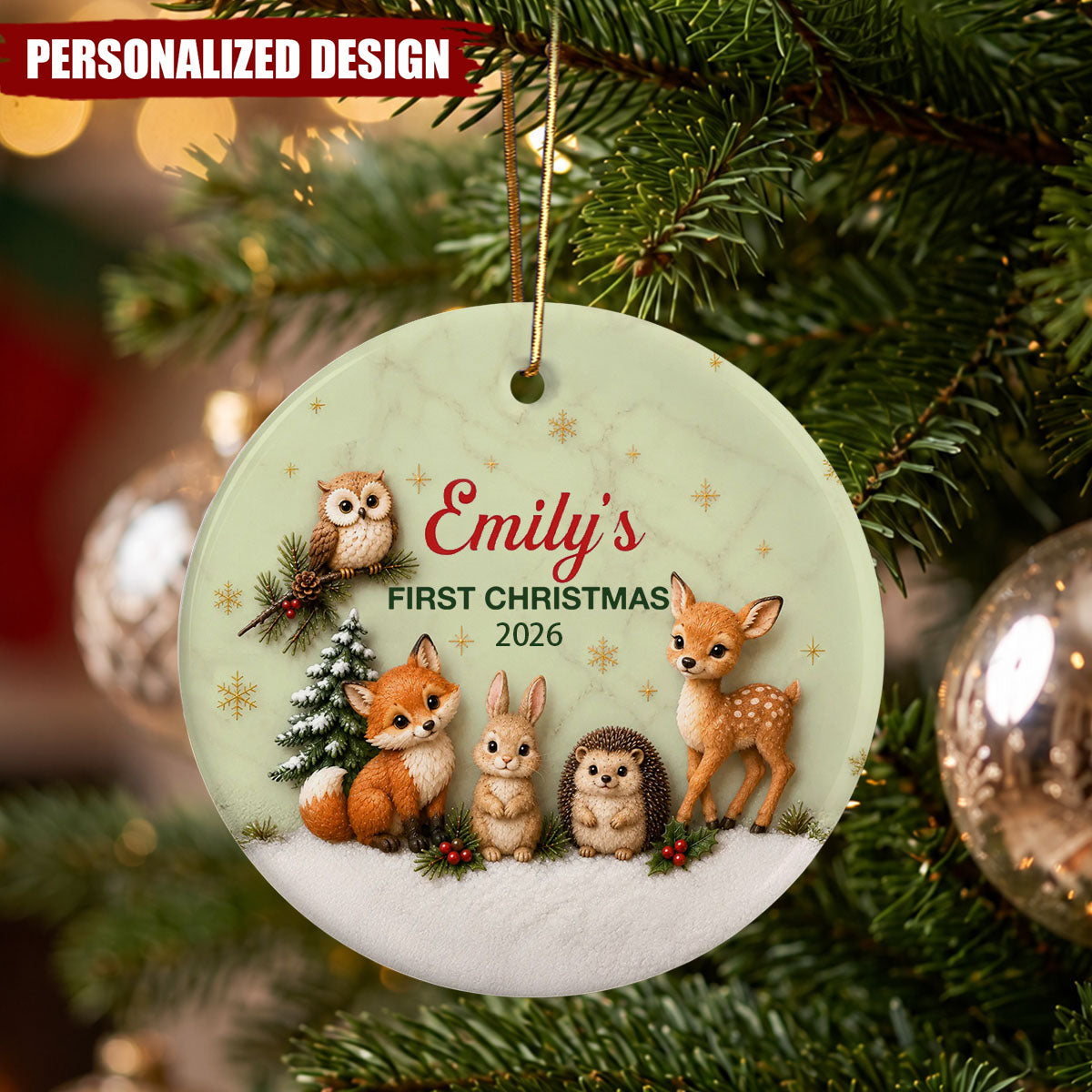 Personalized Baby First Christmas Woodland Animals Ceramic Ornament