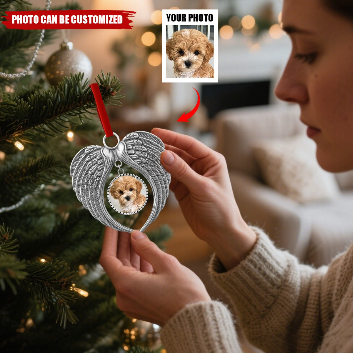 Custom Photo Forever Loved, Never Forgotten - Personalized Pet Memorial Metal Angel Wings Ornament