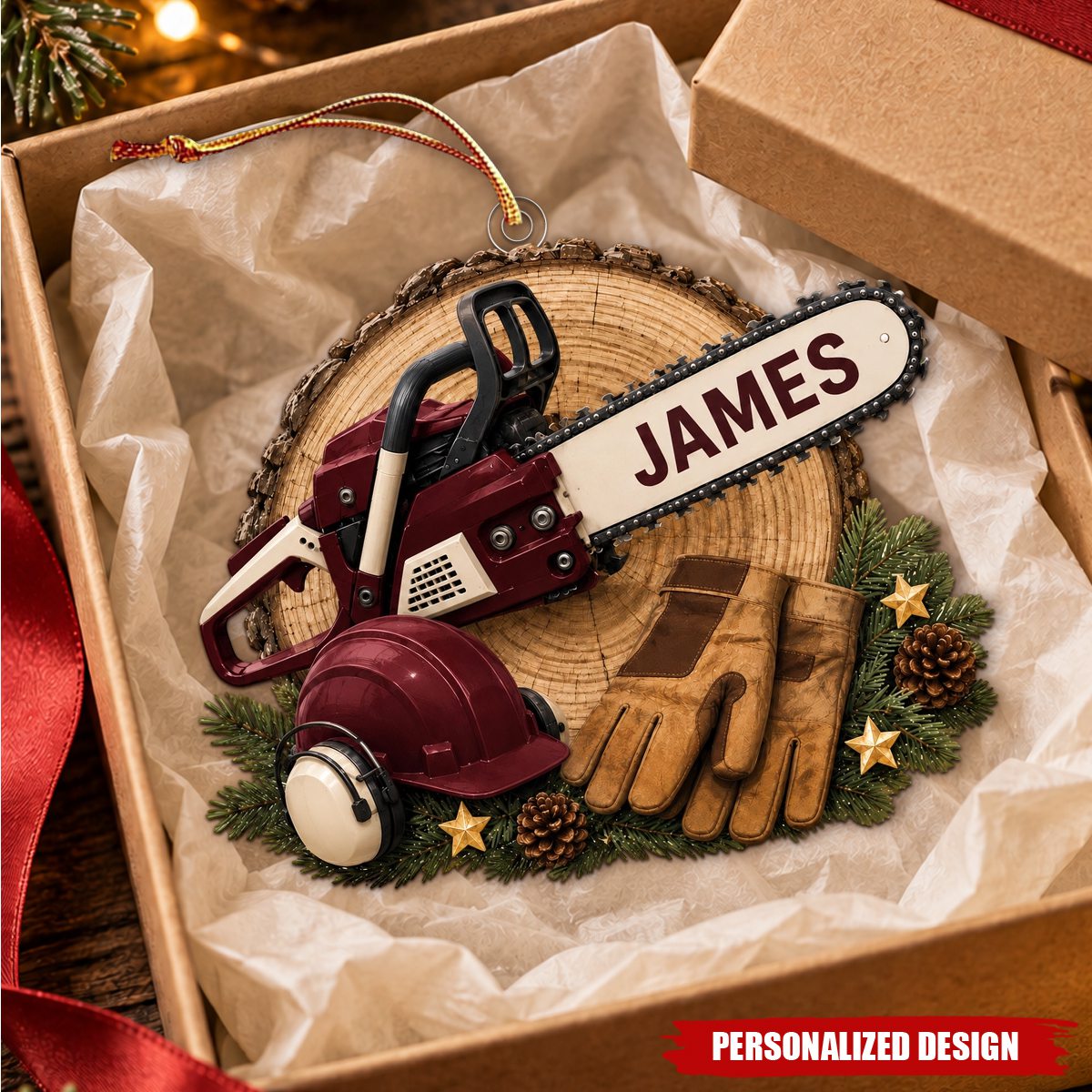 Personalized Chainsaw Logger Christmas Tree Ornament - Woodworker Christmas Decor