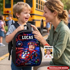 Personalized Kids Racing Backpack -Custom Name and  Photo Cartoon Race Car Driver