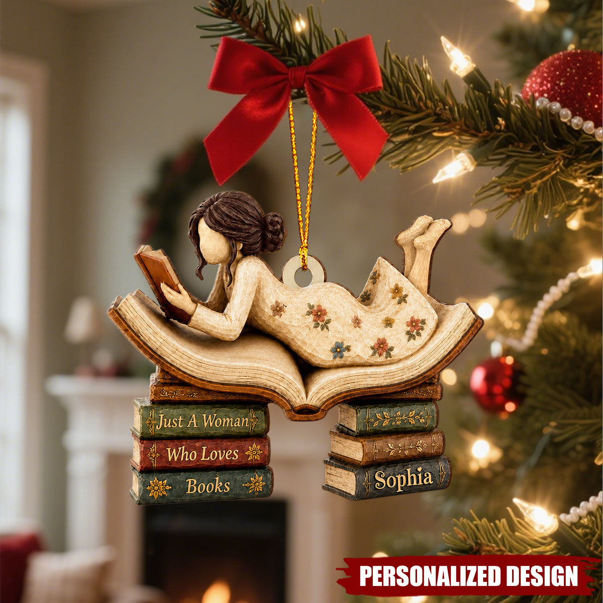 Vintage Style Woman Reading Book Stack - Personalized Name Wooden Ornament