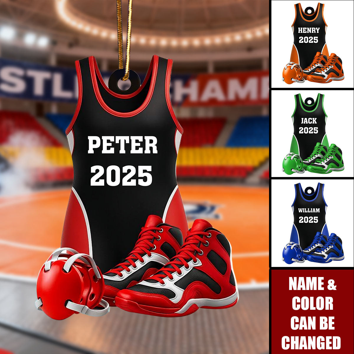 Personalized Wrestling Ornament: Acrylic Shoes & Headgear, Xmas Tree Decor