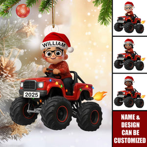 Christmas Kid Driving Monster Truck - Personalized Acrylic Ornament, Gift For Kids, Grandkids