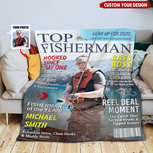 Custom Fishing Magazine Cover Personalized Blanket, Angler Funny Fisherman Gift